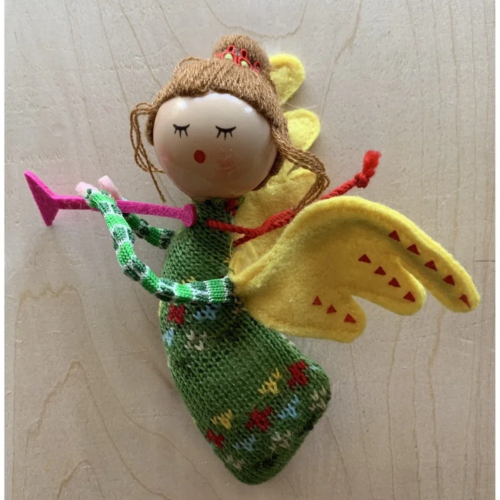 Target Christmas Angel Ornament Green Knitted Yellow Felt Wings Retro Style